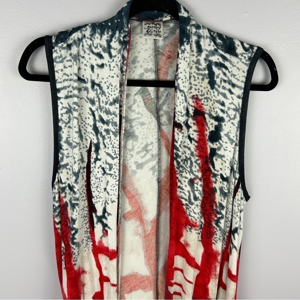 Parsley & Sage Boho Art to Wear Open Front Vest Medium White Red - Picture 3 of 13